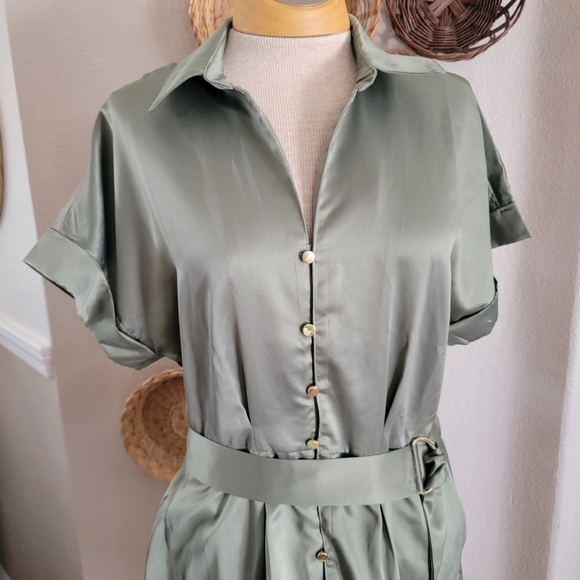 French Connection Elegant Olive Green Shirt Dress Sz L - Picture 5 of 6